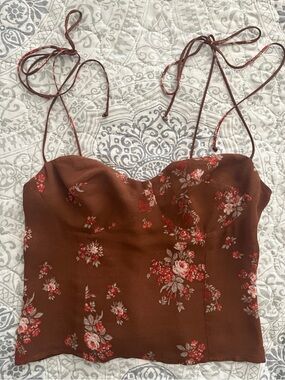 Reformation Brown Floral Tie-Shoulder Bustier Camisole